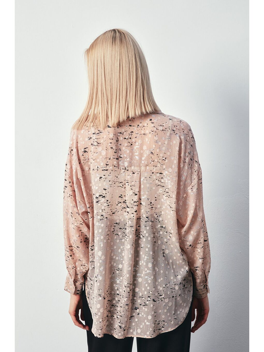 Pembe Varaklı Geniş Gömlek - Pudra-Gümüş-3