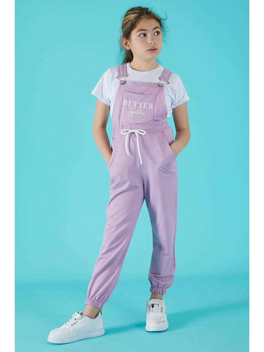 Lila Yazı Baskılı Tişörtlü Kız Salopet Tulum 15684-4