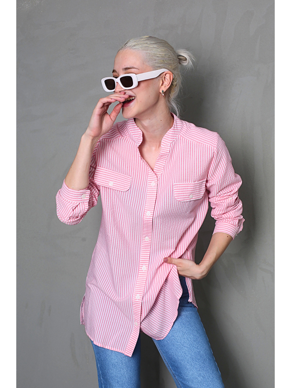 Pembe Çizgili Gofre Kumaş Kadın Oversize Gömlek Mg1666-6