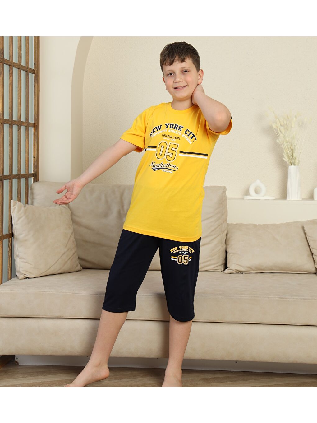 Sarı Erkek Çocuk %100 Doğal Pamuk Kısa Kollu  Kaprili Pijama Takımı