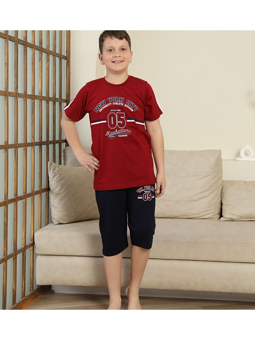 Bordo Erkek Çocuk %100 Doğal Pamuk Kısa Kollu  Kaprili Pijama Takımı-1