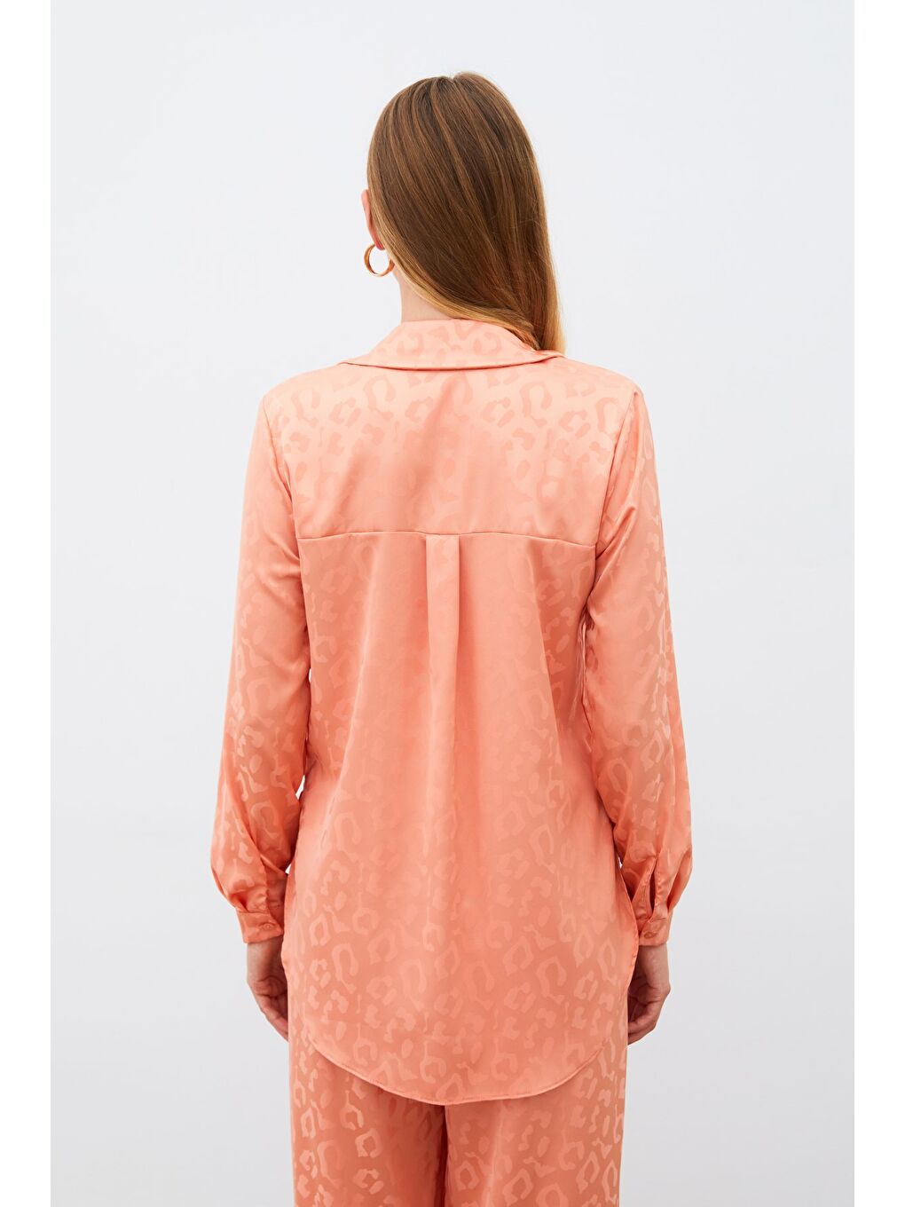 Pembe Desenli Saten Gömlek - Somon-5