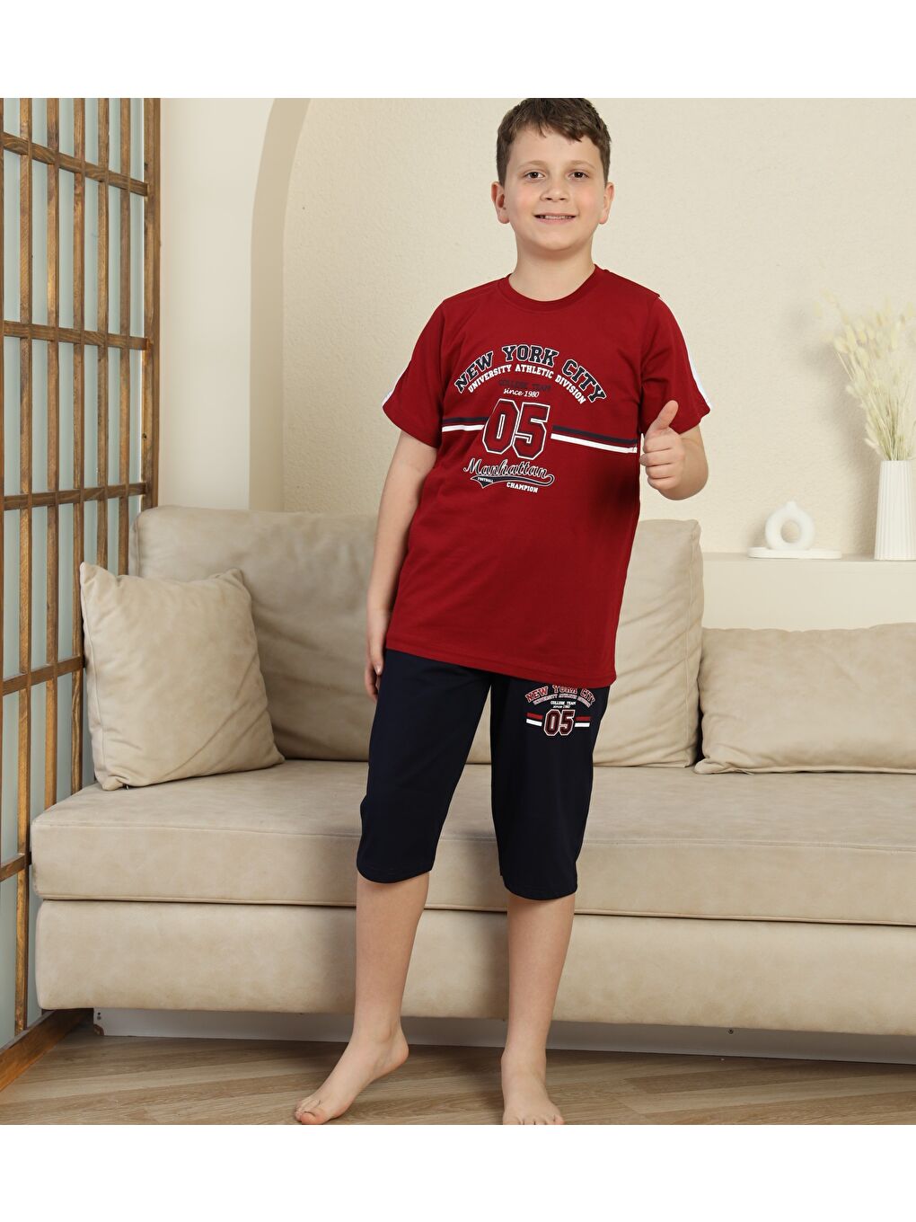 Bordo Erkek Çocuk %100 Doğal Pamuk Kısa Kollu  Kaprili Pijama Takımı-2