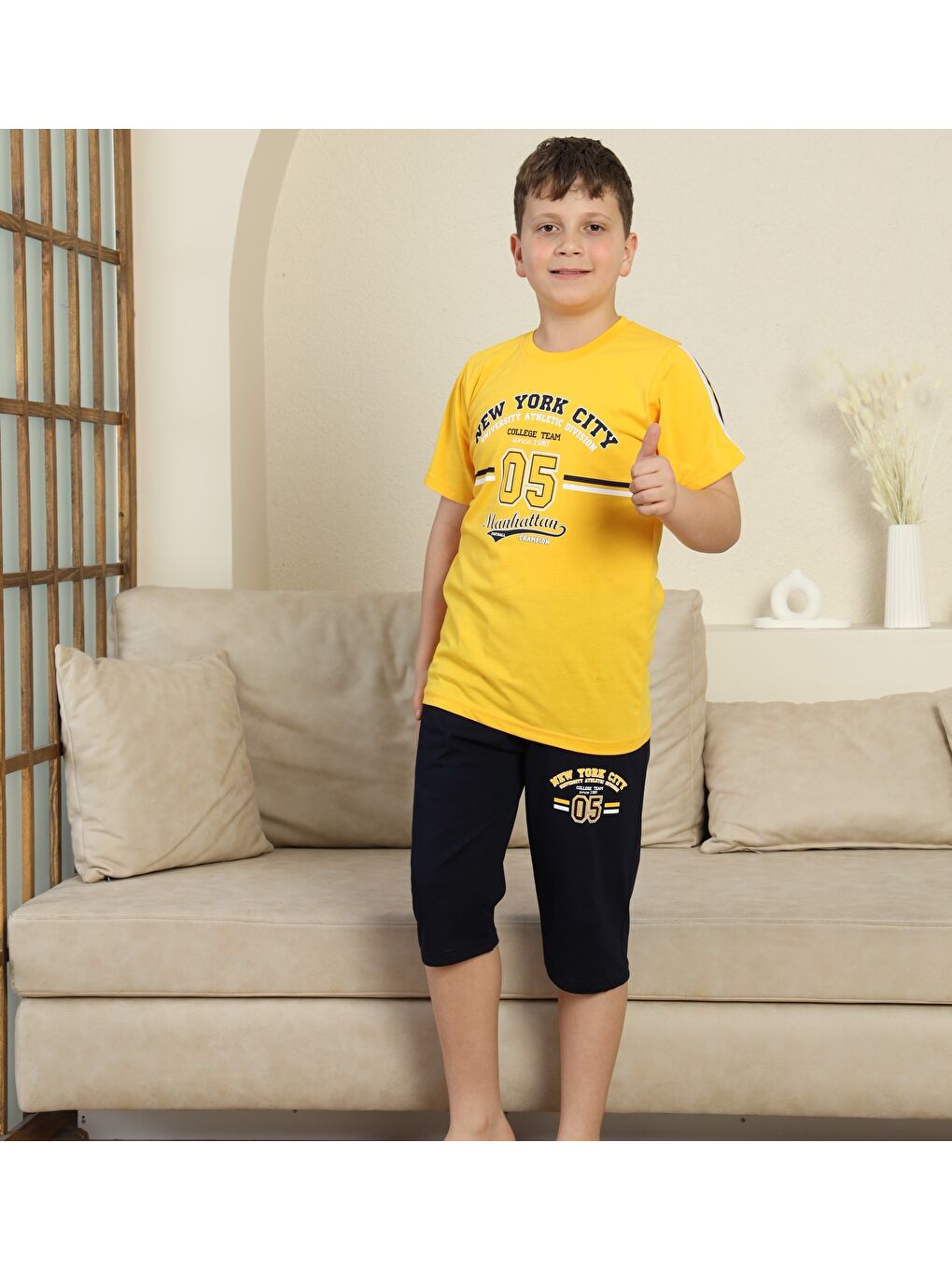 Sarı Erkek Çocuk %100 Doğal Pamuk Kısa Kollu  Kaprili Pijama Takımı-2