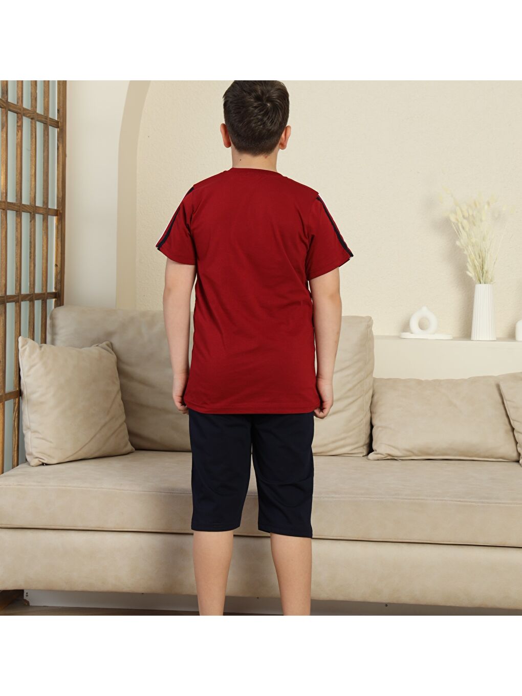 Bordo Erkek Çocuk %100 Doğal Pamuk Kısa Kollu  Kaprili Pijama Takımı-3