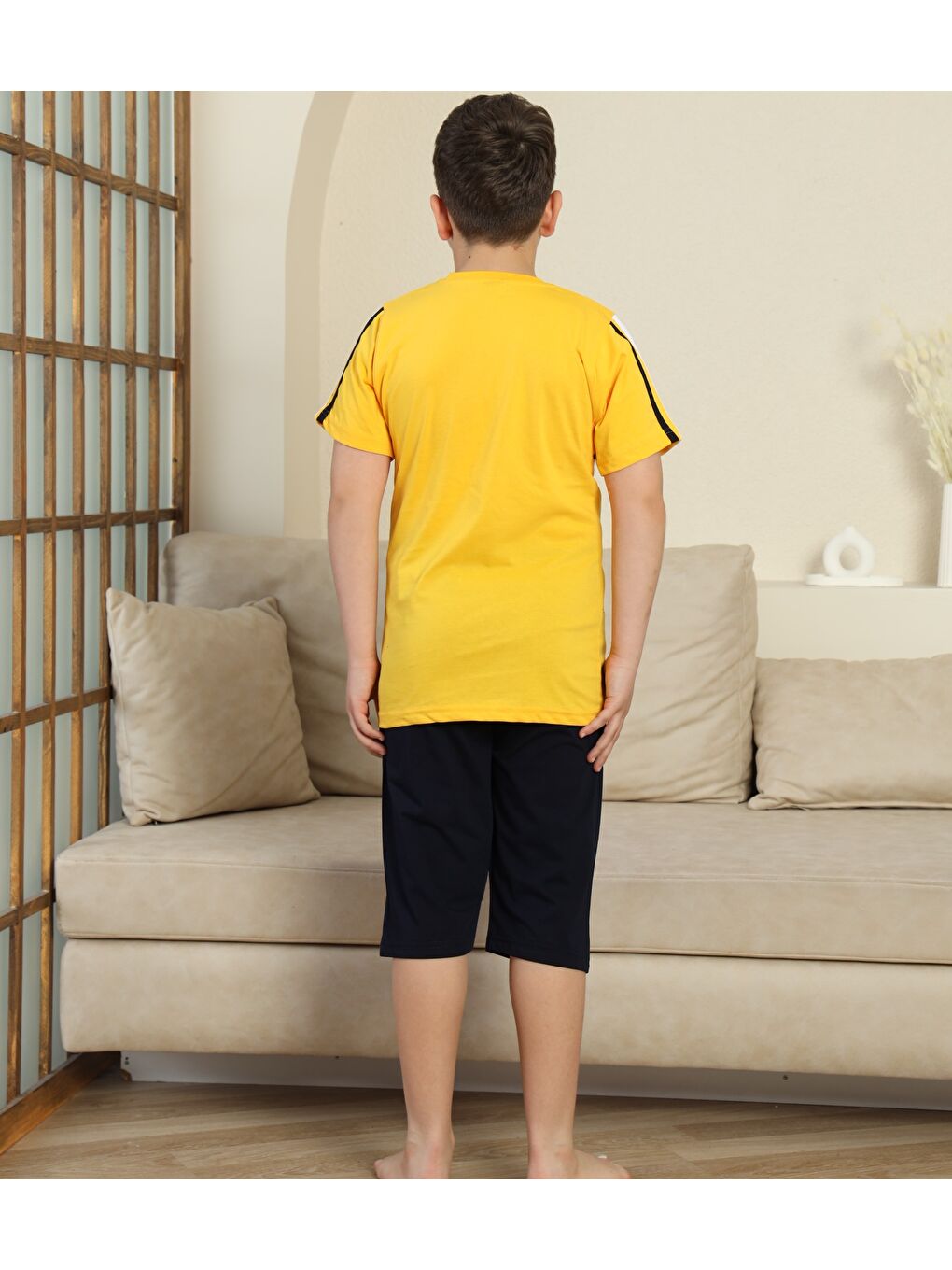 Sarı Erkek Çocuk %100 Doğal Pamuk Kısa Kollu  Kaprili Pijama Takımı-3
