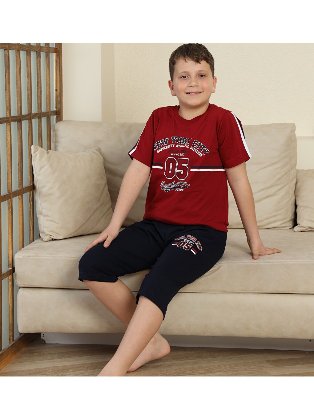 Bordo Erkek Çocuk %100 Doğal Pamuk Kısa Kollu  Kaprili Pijama Takımı-4