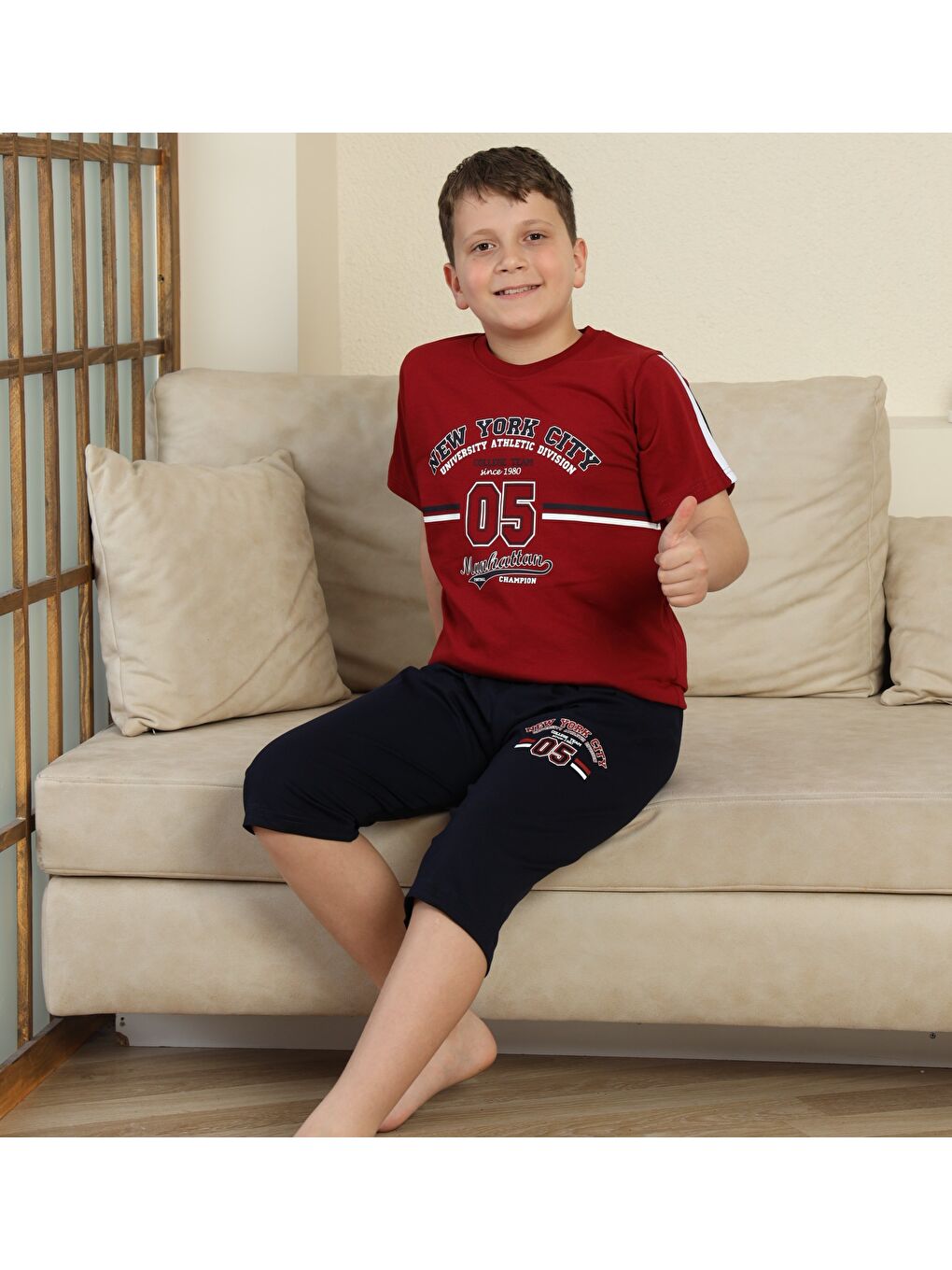 Bordo Erkek Çocuk %100 Doğal Pamuk Kısa Kollu  Kaprili Pijama Takımı-5