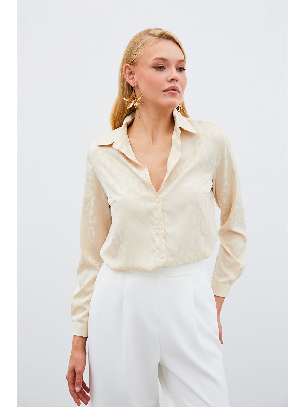 Bej Desenli Saten Gömlek - Taş-1