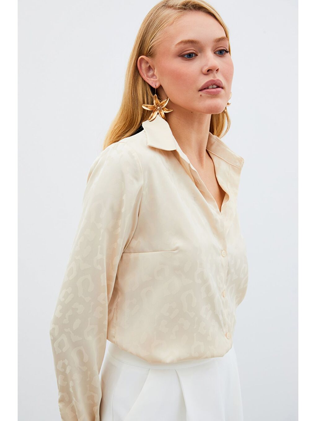 Bej Desenli Saten Gömlek - Taş-2