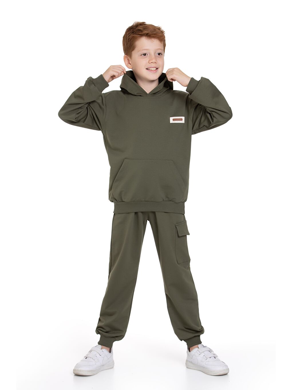 Kapüşonlu Kargo Cepli Haki Renk Erkek Çocuk Eşofman Takım