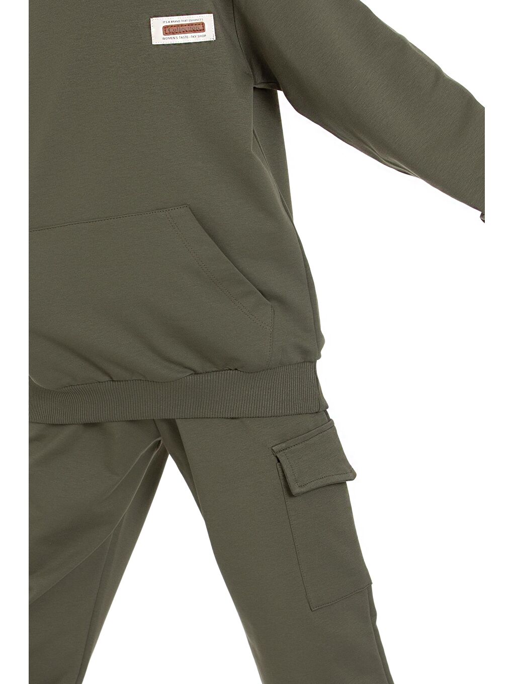 Kapüşonlu Kargo Cepli Haki Renk Erkek Çocuk Eşofman Takım-2