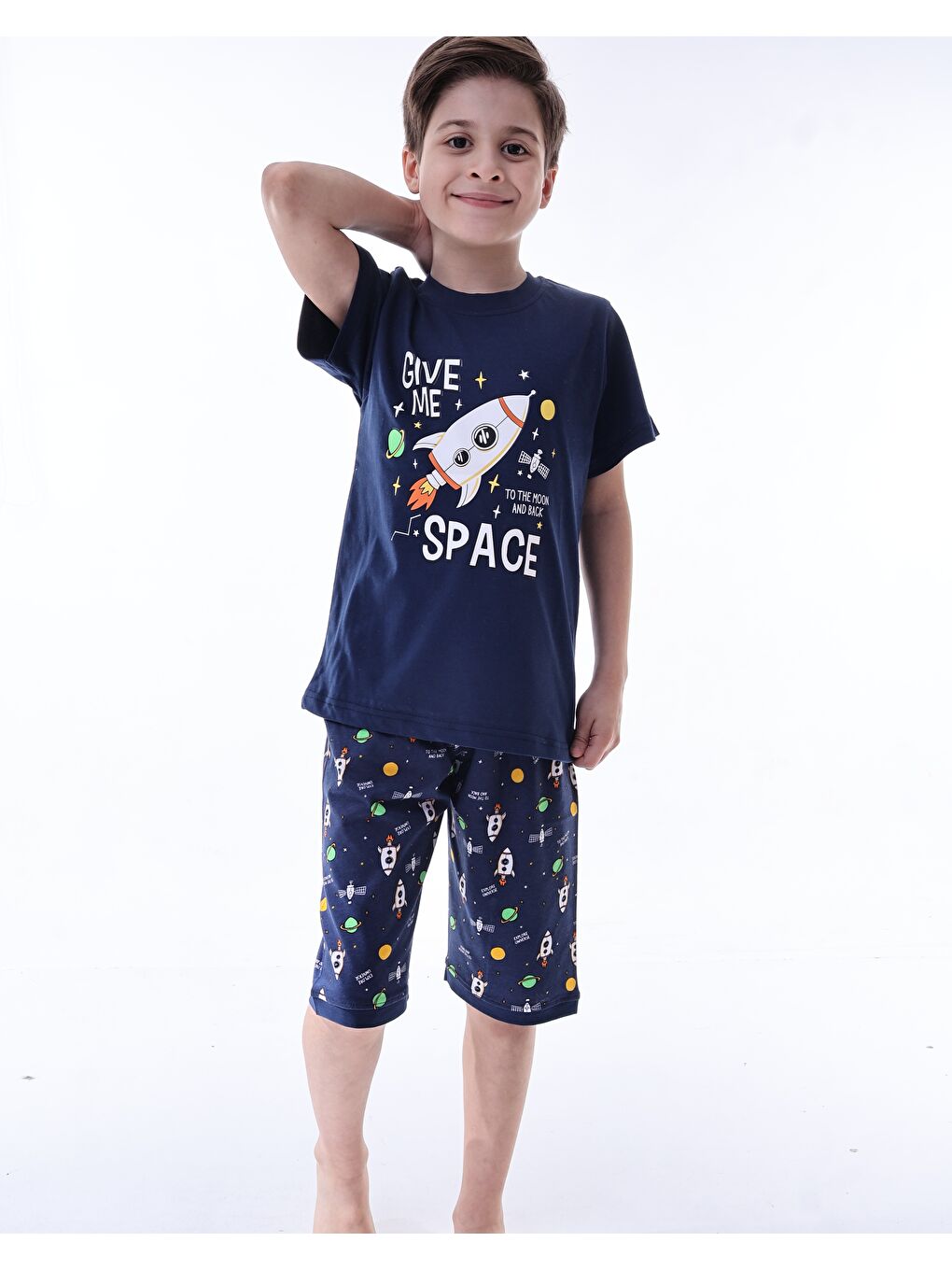 Lacivert Erkek Çocuk %100 Doğal Pamuk Kısa Kollu  Kaprili Pijama Takımı