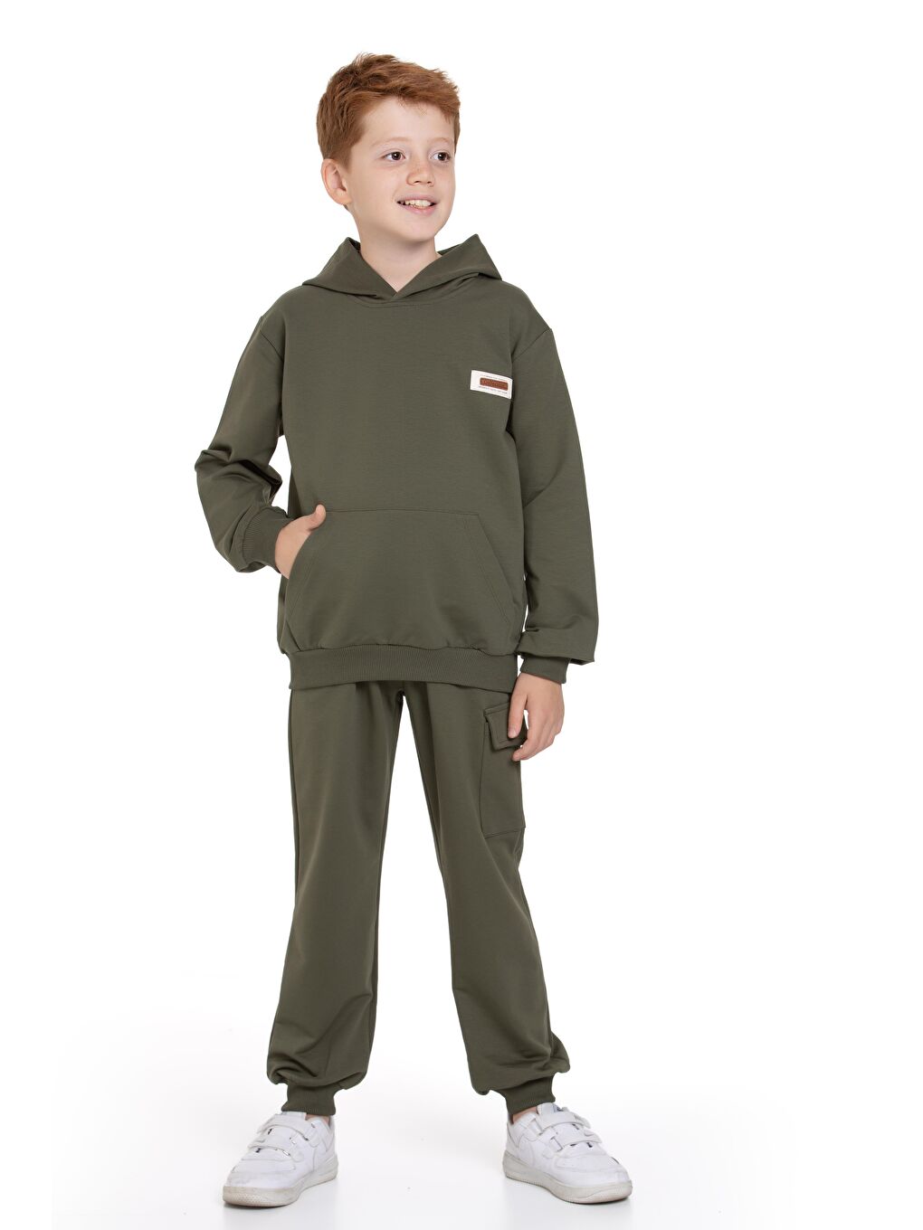 Kapüşonlu Kargo Cepli Haki Renk Erkek Çocuk Eşofman Takım-3