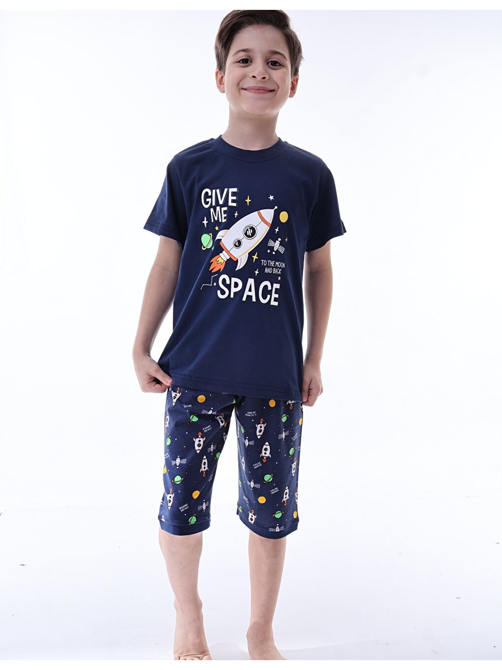 Lacivert Erkek Çocuk %100 Doğal Pamuk Kısa Kollu  Kaprili Pijama Takımı