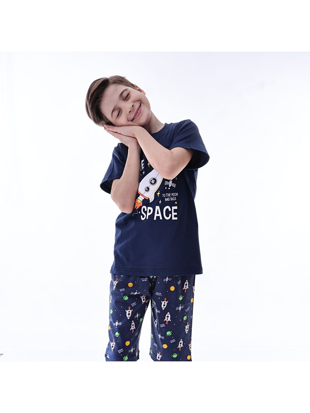 Lacivert Erkek Çocuk %100 Doğal Pamuk Kısa Kollu  Kaprili Pijama Takımı-2