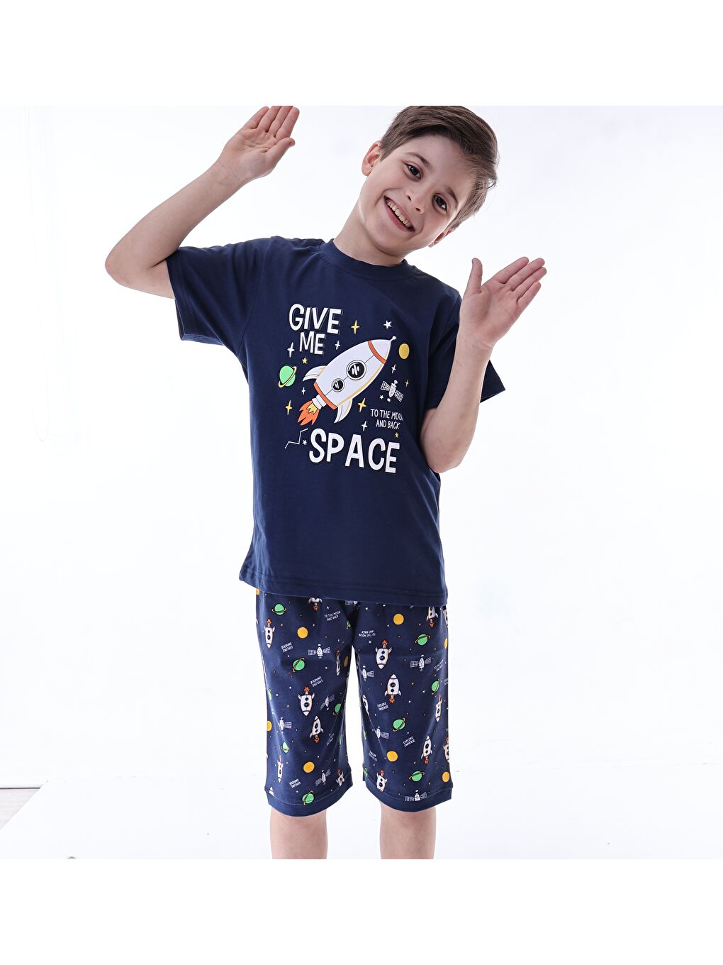 Lacivert Erkek Çocuk %100 Doğal Pamuk Kısa Kollu  Kaprili Pijama Takımı-3