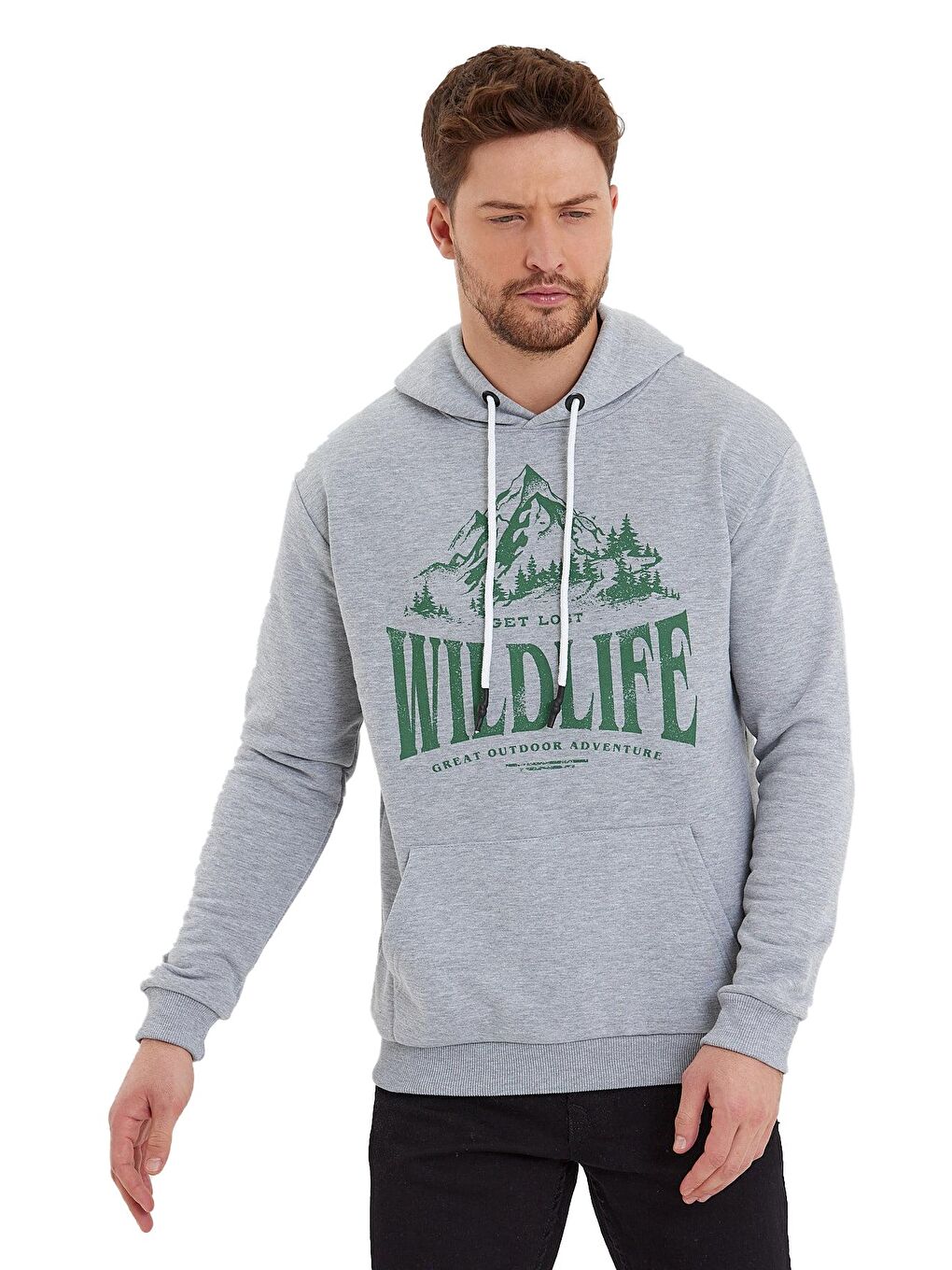 Gri Erkek Kapşonlu Sweat Önü Wıldlıfe Yazılı
