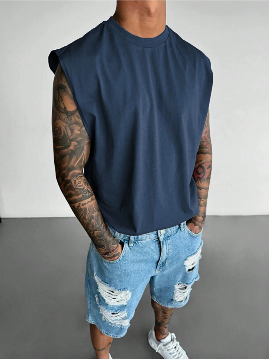 Lacivert Erkek Bisiklet Yaka Etek Ve Kol Bitimi Dökümlü Süprem %100 Pamuk Kolsuz Tişört-2