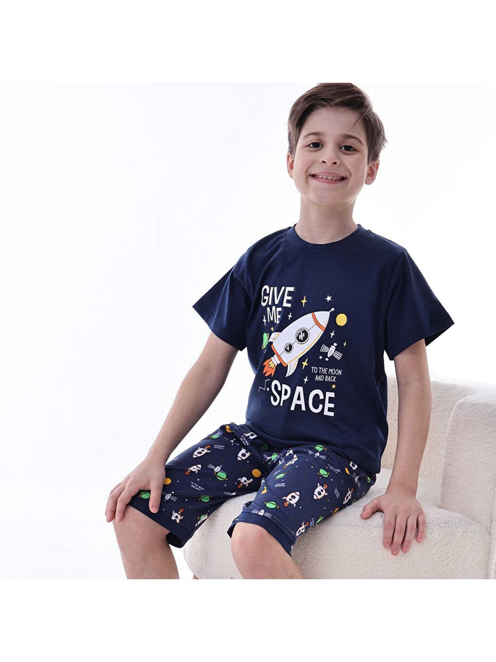 Lacivert Erkek Çocuk %100 Doğal Pamuk Kısa Kollu  Kaprili Pijama Takımı-4