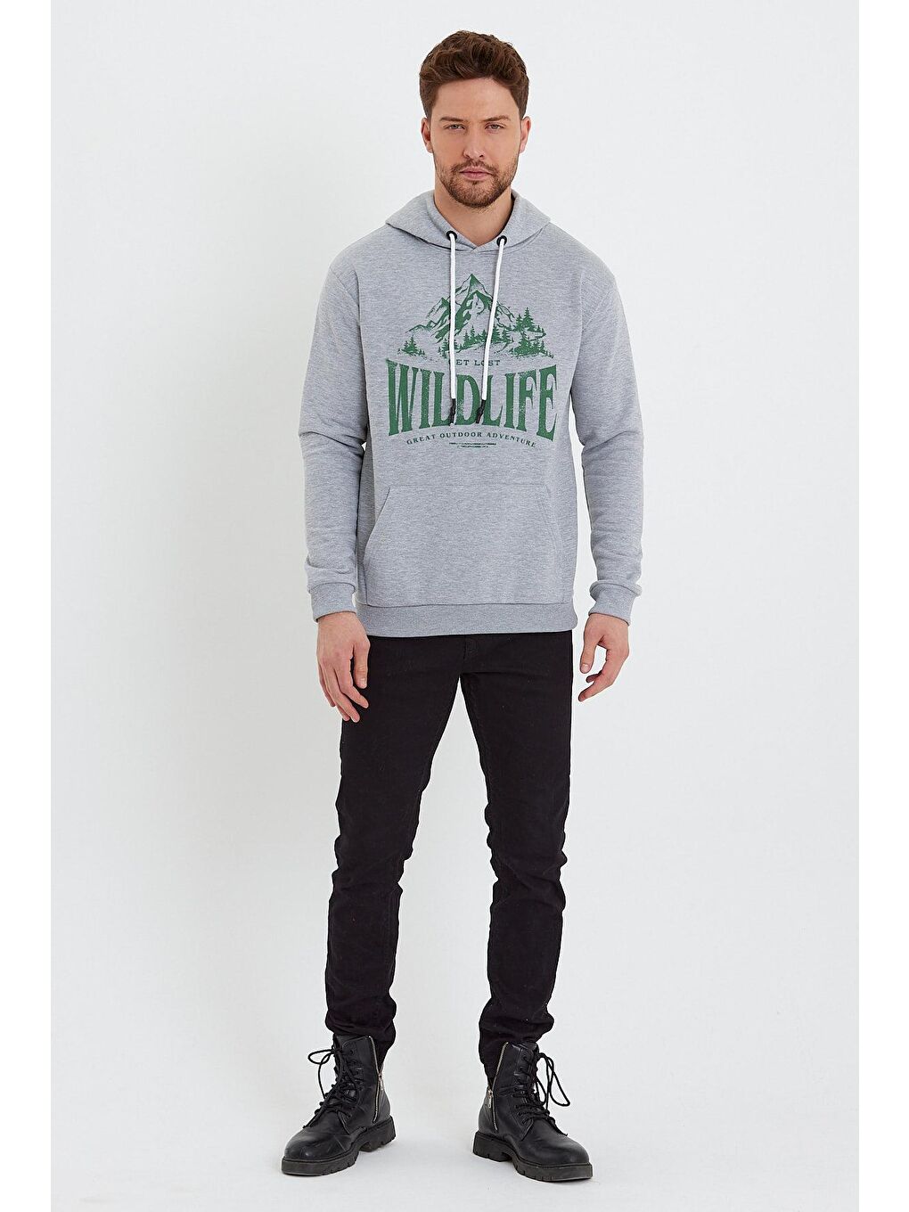 Gri Erkek Kapşonlu Sweat Önü Wıldlıfe Yazılı-1