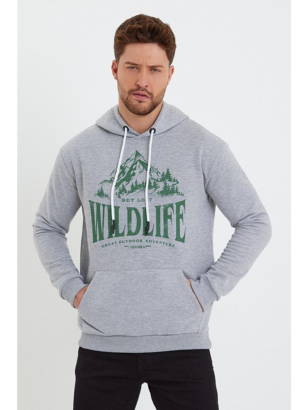 Gri Erkek Kapşonlu Sweat Önü Wıldlıfe Yazılı-2