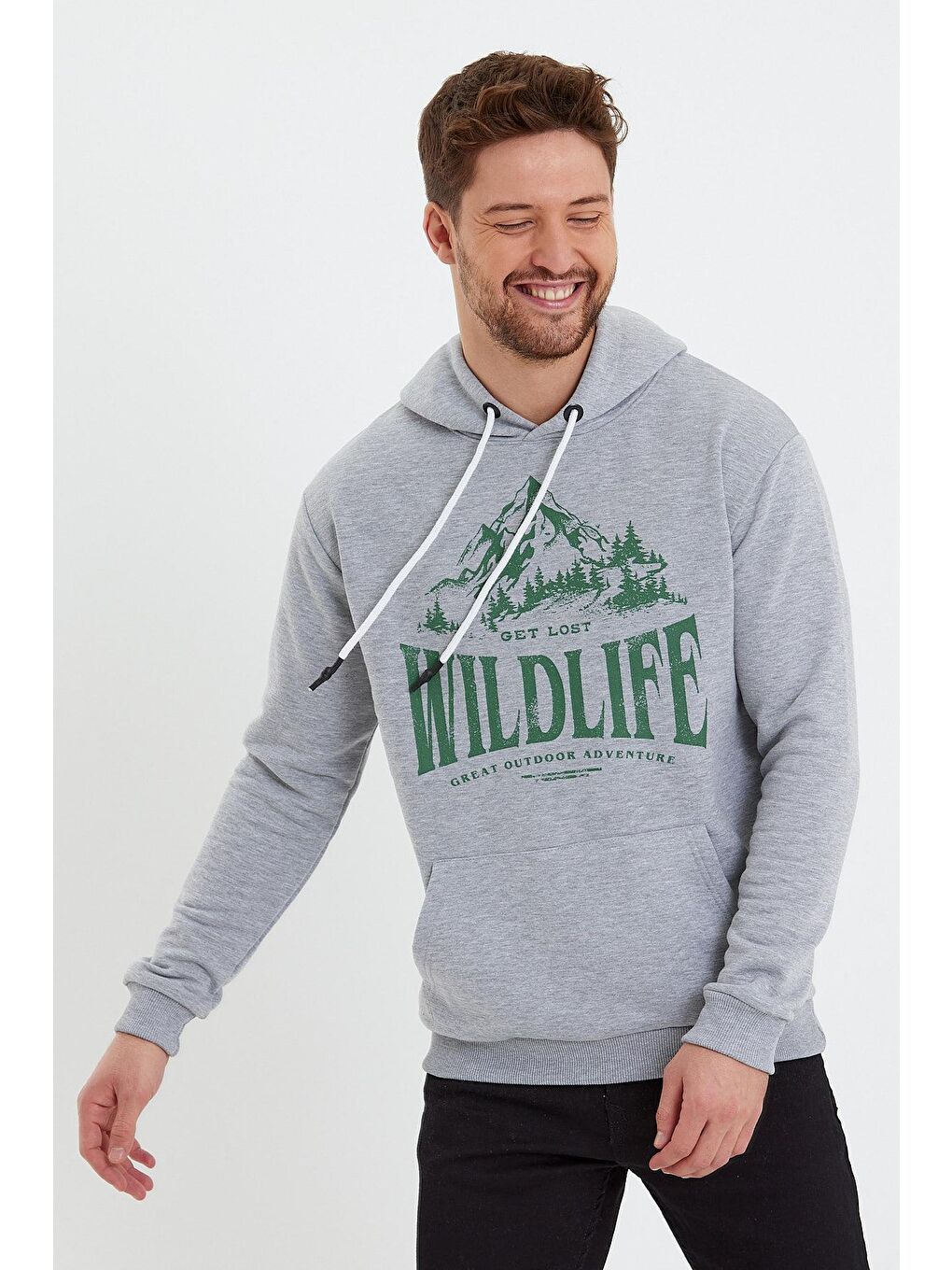 Gri Erkek Kapşonlu Sweat Önü Wıldlıfe Yazılı-3