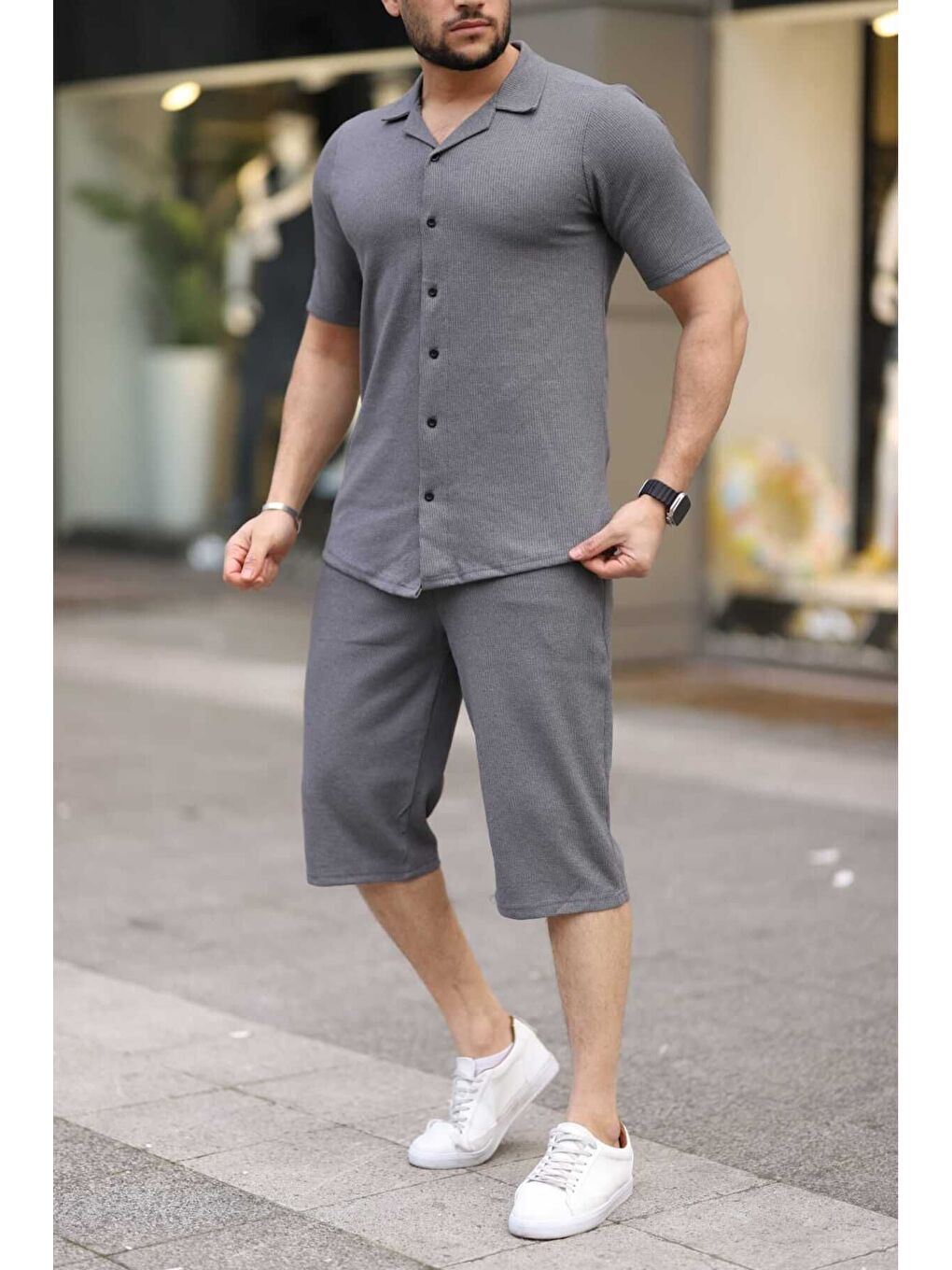 Gri Antrasit Waffle Kumaş Kapri Şort Gömlek Erkek Takım