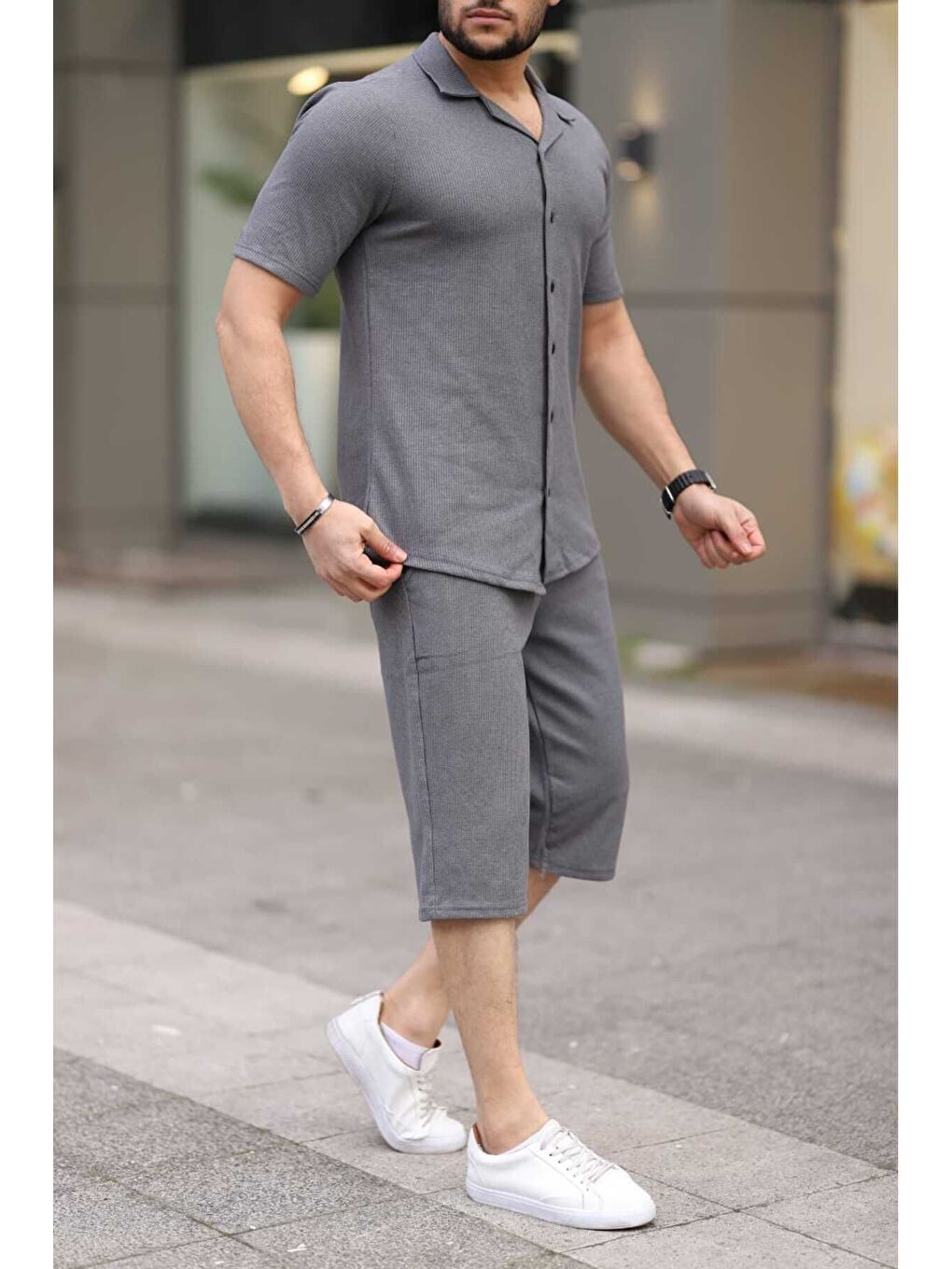 Gri Antrasit Waffle Kumaş Kapri Şort Gömlek Erkek Takım-1