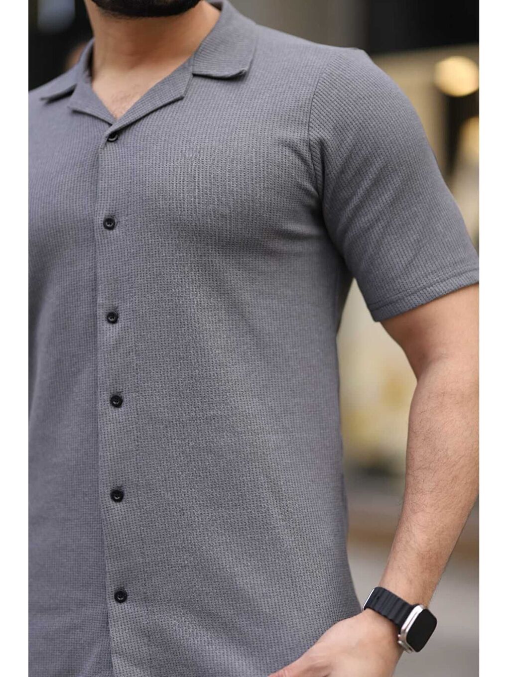 Gri Antrasit Waffle Kumaş Kapri Şort Gömlek Erkek Takım-2