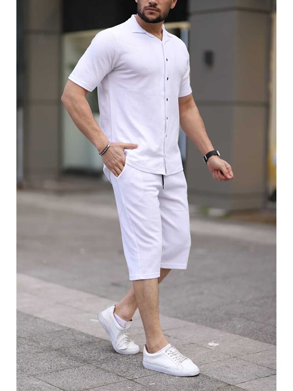 Beyaz Waffle Kumaş Kapri Şort Gömlek Erkek Kısa Kollu Takım-1