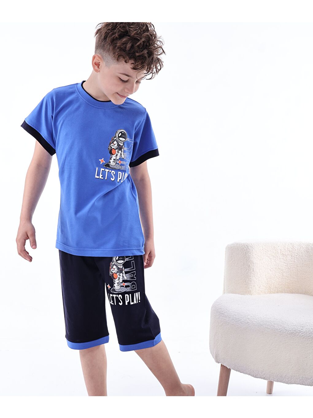 Mavi Erkek Çocuk %100 Doğal Pamuk Kısa Kollu Kısa Kollu Kaprili Pijama Takımı