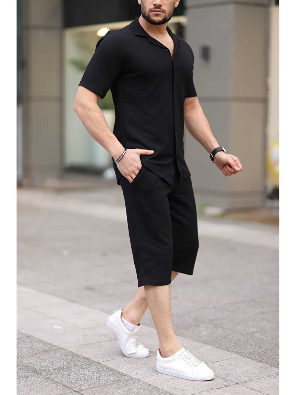 Siyah Waffle Kumaş Kapri Şort Gömlek Erkek Kısa Kollu Takım-1