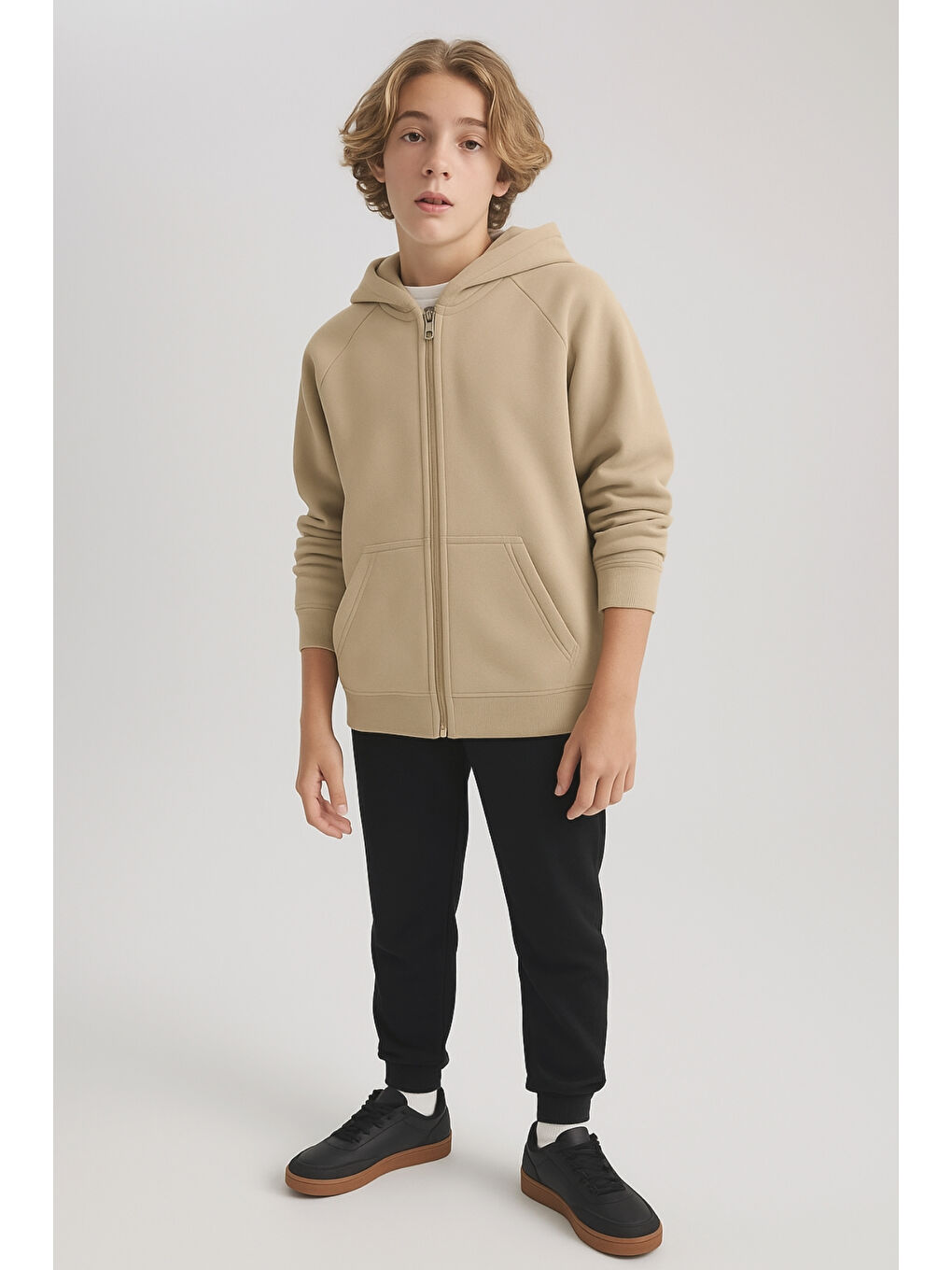 Bej Kız - Erkek Çocuk Basic Fermuarlı Kalın 3 İplik Kışlık Okul Sweat Ak1815