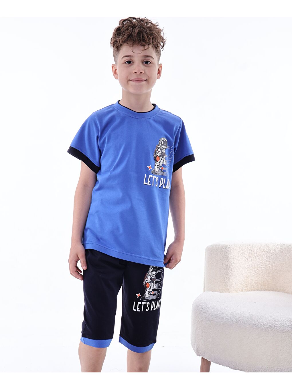 Mavi Erkek Çocuk %100 Doğal Pamuk Kısa Kollu Kısa Kollu Kaprili Pijama Takımı-2