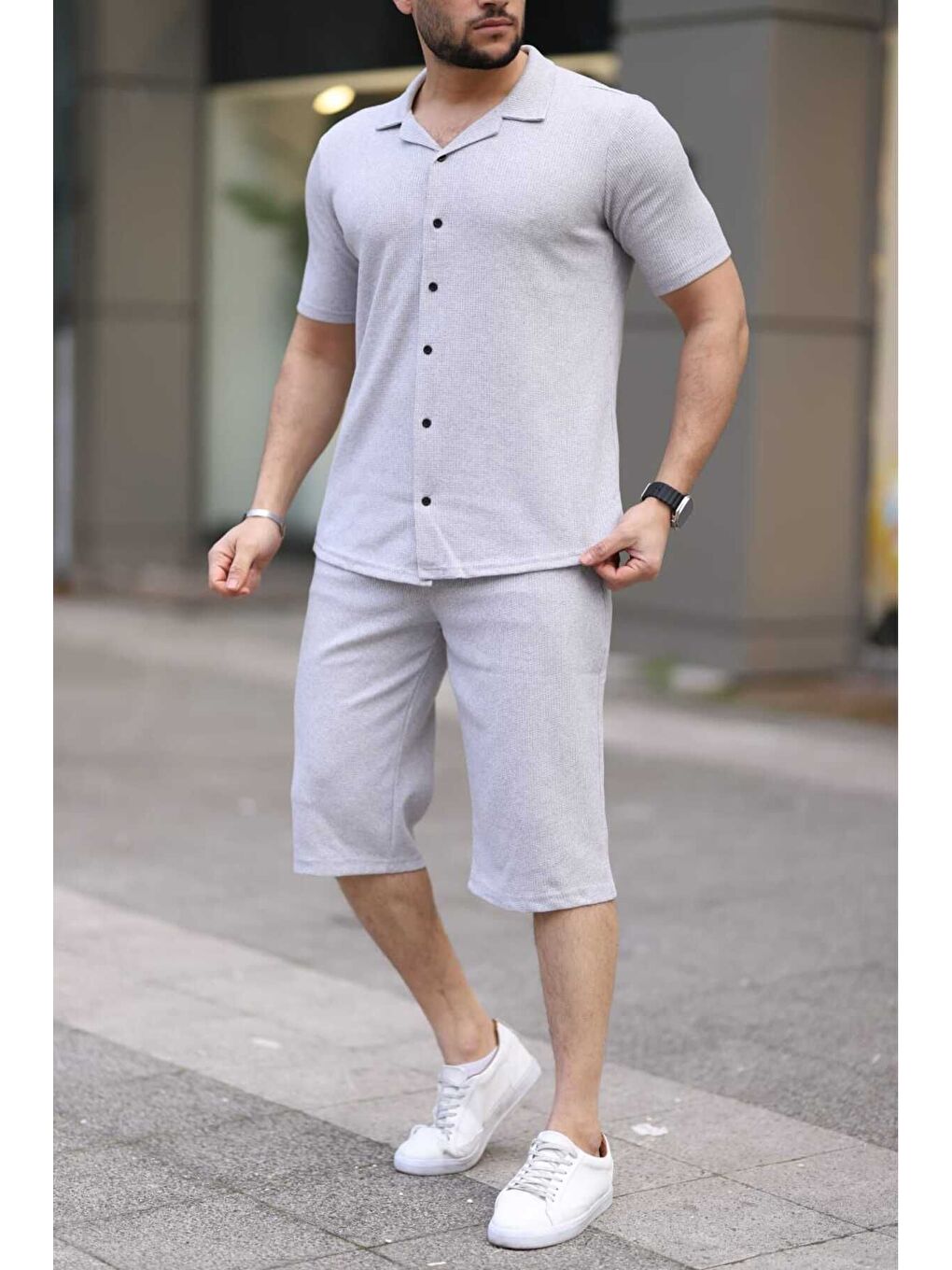 Taş Gri Waffle Kumaş Kapri Şort Gömlek Erkek Takım