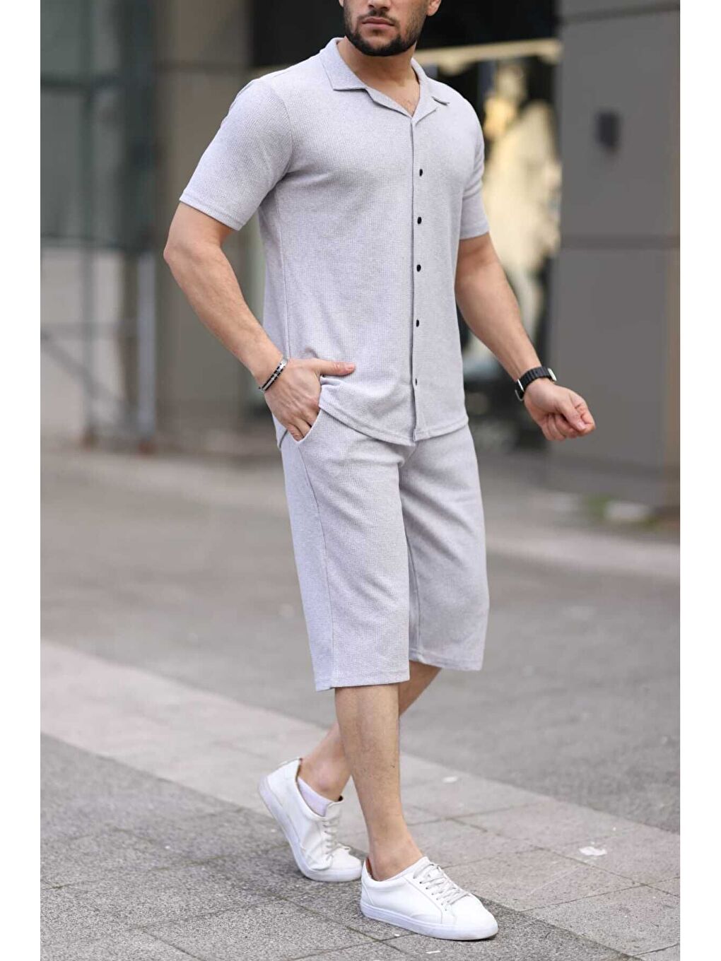 Taş Gri Waffle Kumaş Kapri Şort Gömlek Erkek Takım-1