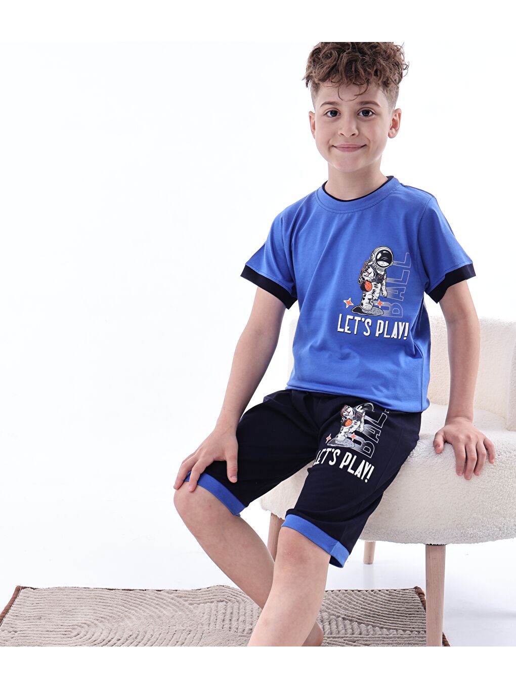 Mavi Erkek Çocuk %100 Doğal Pamuk Kısa Kollu Kısa Kollu Kaprili Pijama Takımı-3