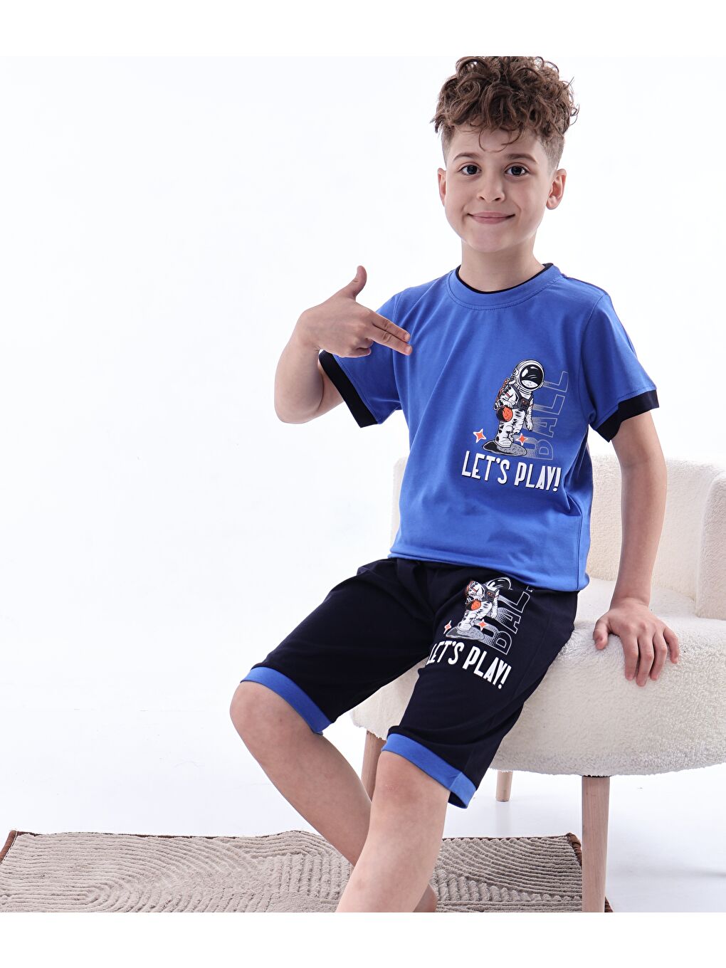 Mavi Erkek Çocuk %100 Doğal Pamuk Kısa Kollu Kısa Kollu Kaprili Pijama Takımı-4