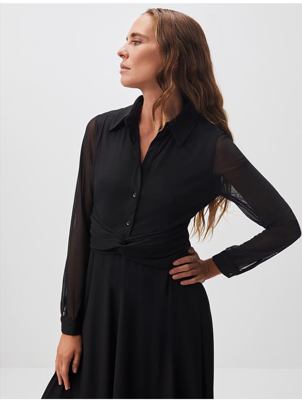 Siyah Polo Yaka Uzun Kollu Midi Mesh Elbise-1