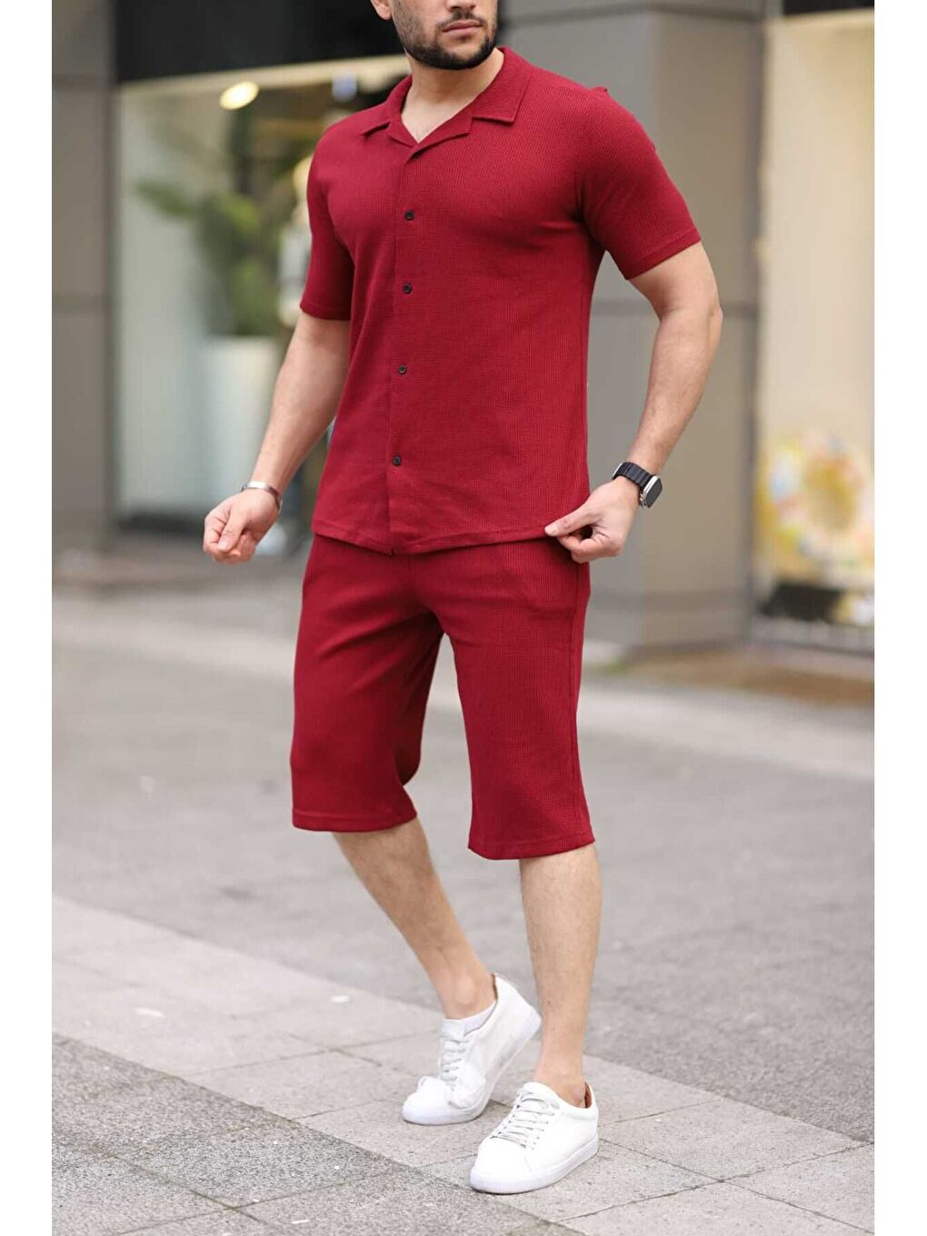 Bordo Waffle Kumaş Kapri Şort Gömlek Erkek Kısa Kollu Takım