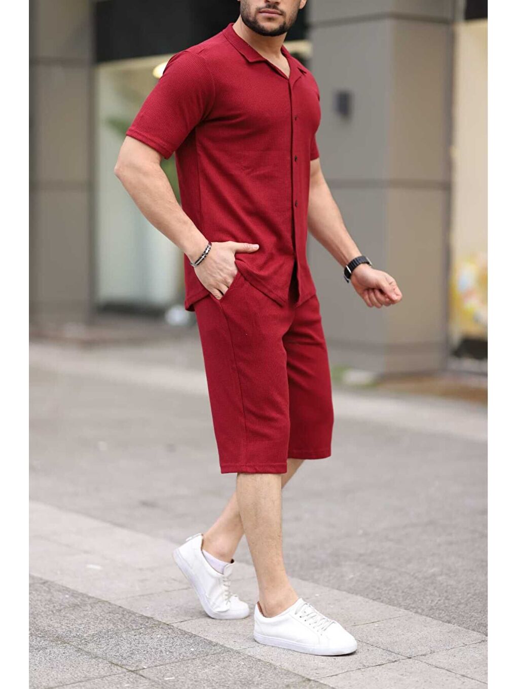 Bordo Waffle Kumaş Kapri Şort Gömlek Erkek Kısa Kollu Takım-1