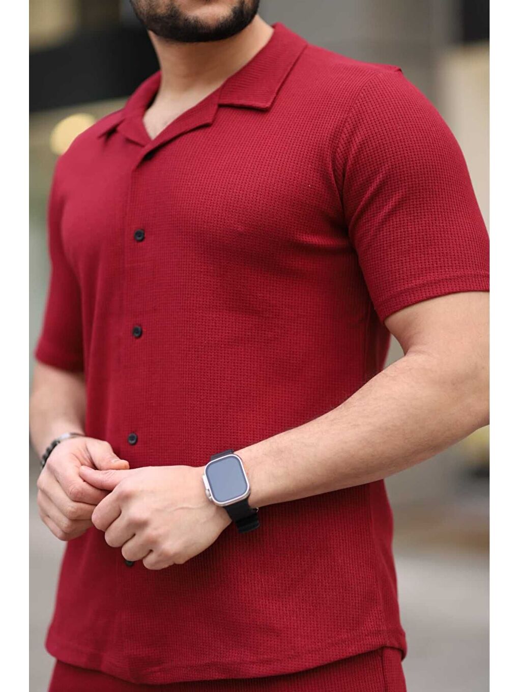 Bordo Waffle Kumaş Kapri Şort Gömlek Erkek Kısa Kollu Takım-2