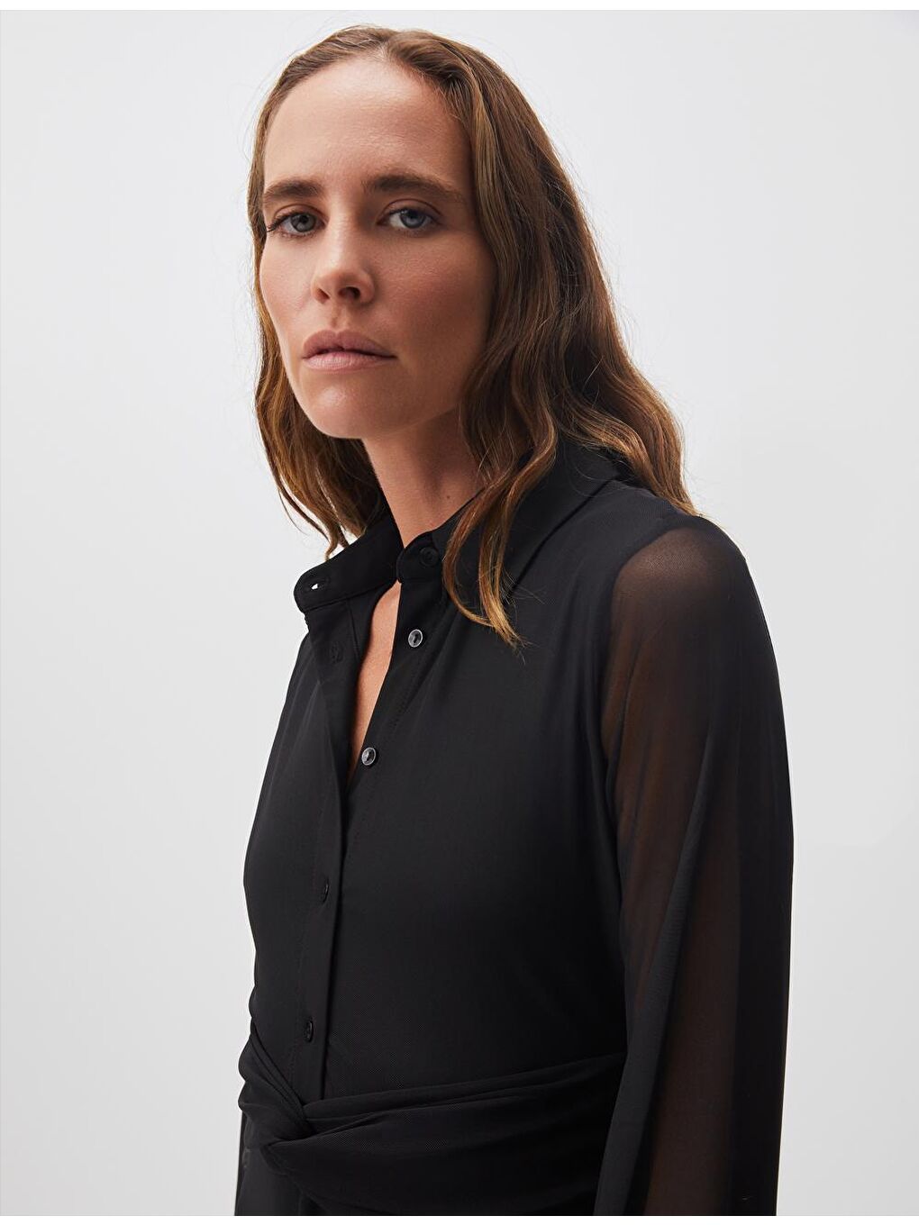 Siyah Polo Yaka Uzun Kollu Midi Mesh Elbise-2