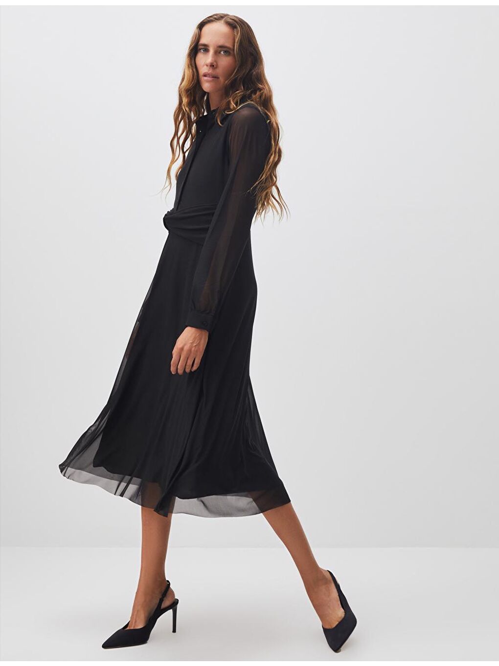 Siyah Polo Yaka Uzun Kollu Midi Mesh Elbise-4