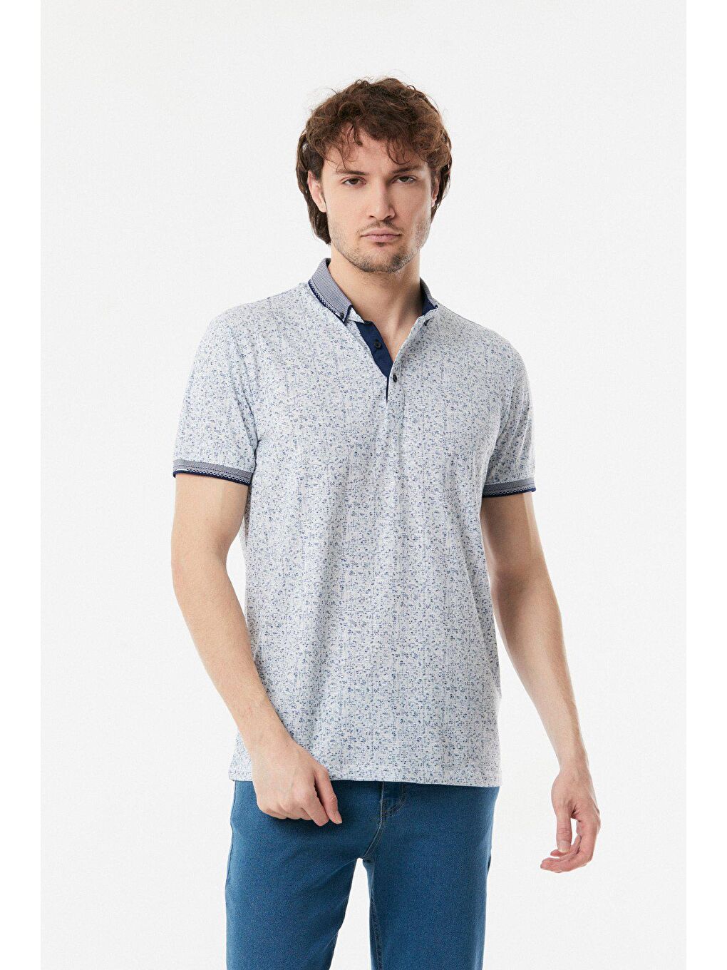 Lacivert Baskılı Polo Yaka Slim Fit Tişört