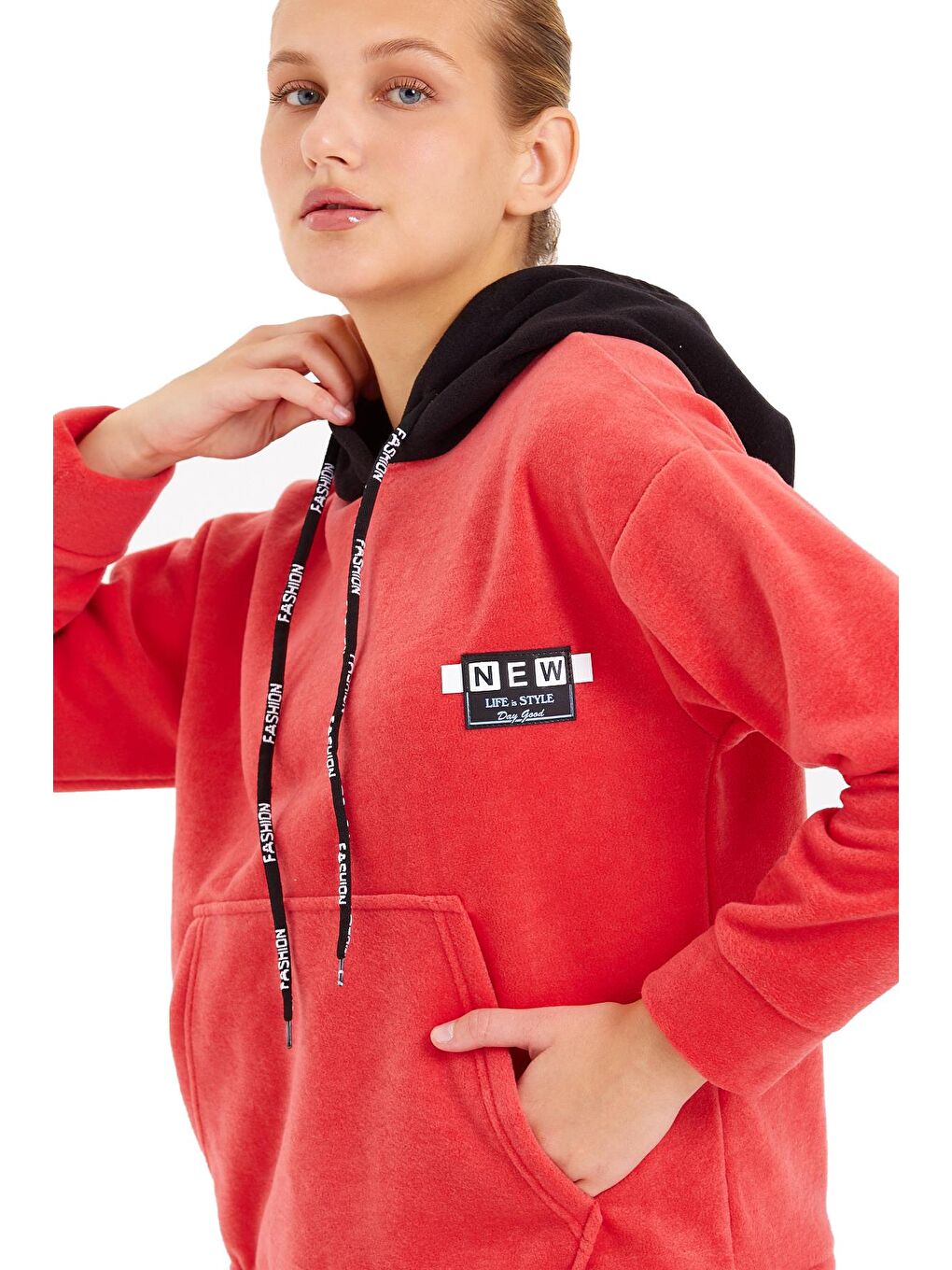 Turkuaz Erkek  Polar Sweat Kapüşonu Farklı Renk Gögüste Yazı Hoodie