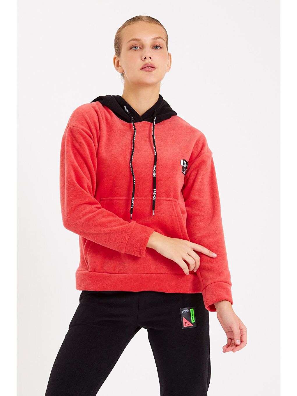 Turkuaz Erkek  Polar Sweat Kapüşonu Farklı Renk Gögüste Yazı Hoodie-1