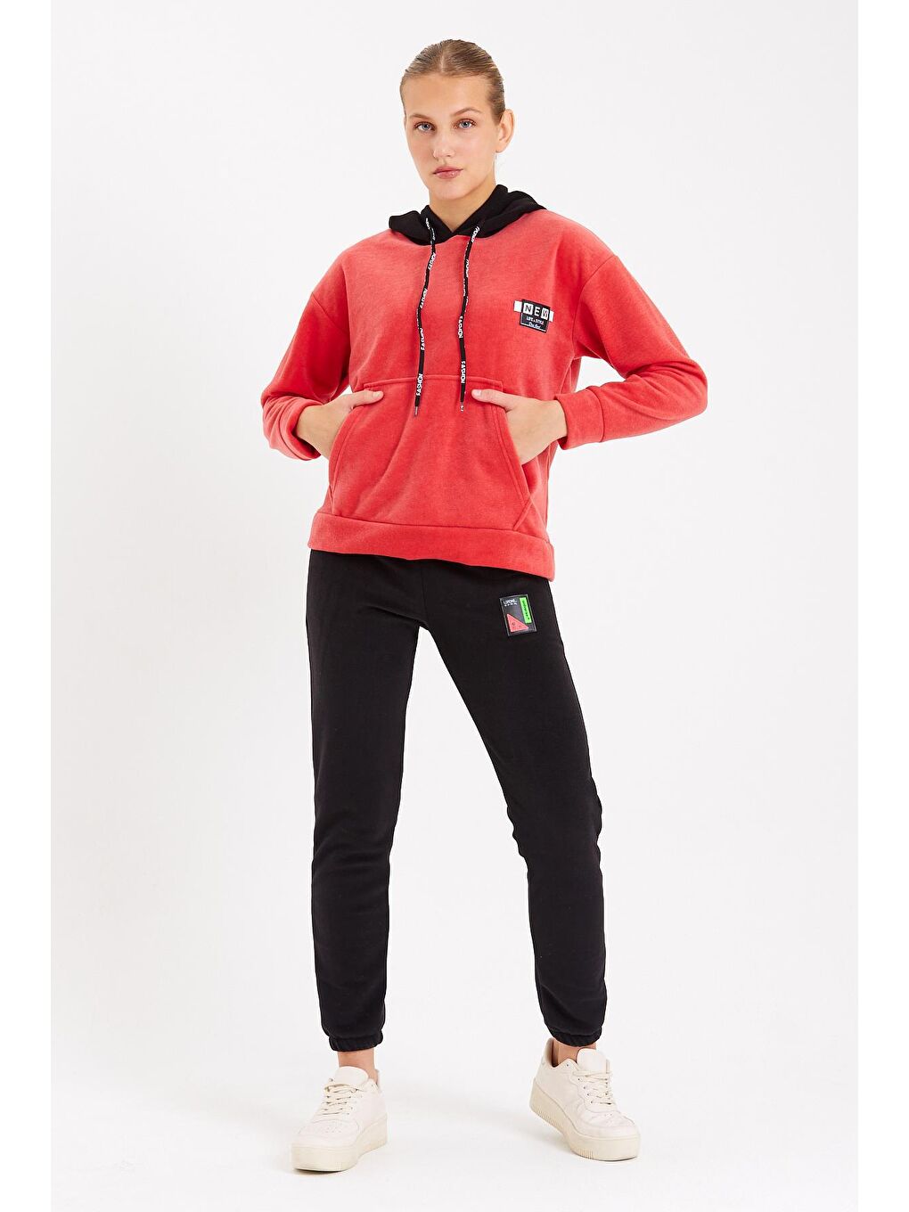 Turkuaz Erkek  Polar Sweat Kapüşonu Farklı Renk Gögüste Yazı Hoodie-2