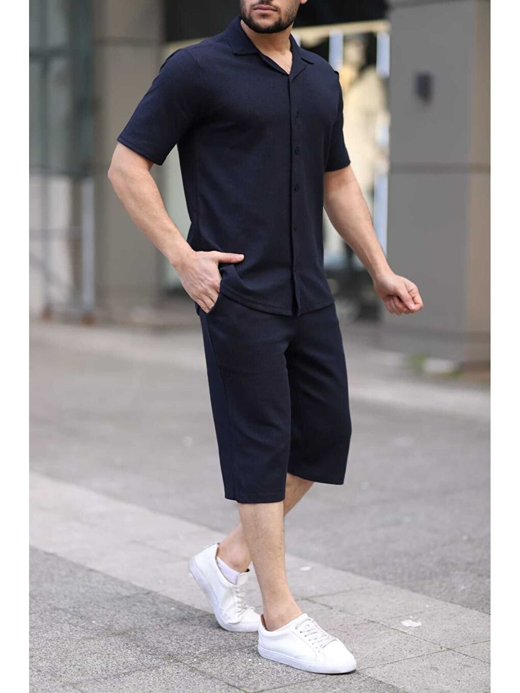 Lacivert Waffle Kumaş Kapri Şort Gömlek Erkek Kısa Kollu Takım